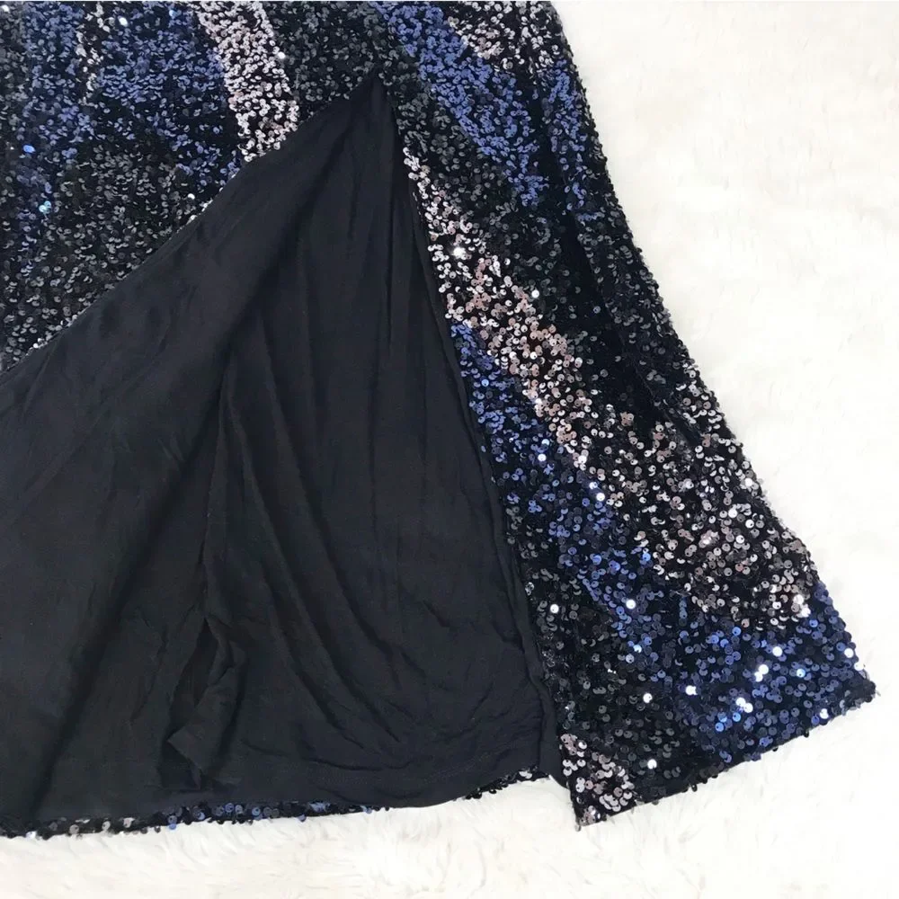 FREE PEOPLE Glitter‎ & Gold Sequin Velvet Midi Dress Blue Black Size Medium New - Picture 12 of 16